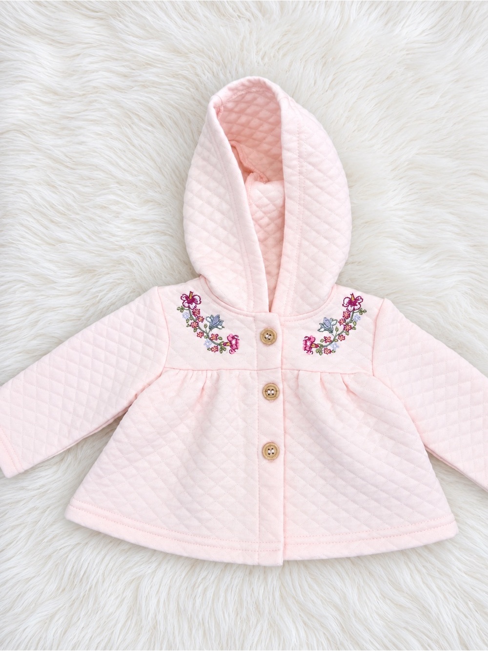 Laura Ashley Pale Pink Quilted Hooded Baby Jacket with Floral Embroidery